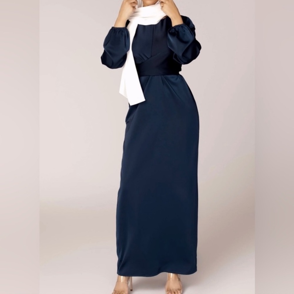 Modest Navy Blue Satin Dress
